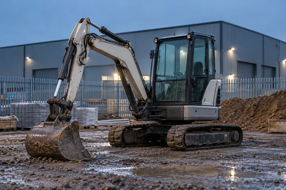 Tracked mini excavator parked with its bucket lowered at a groundworks site