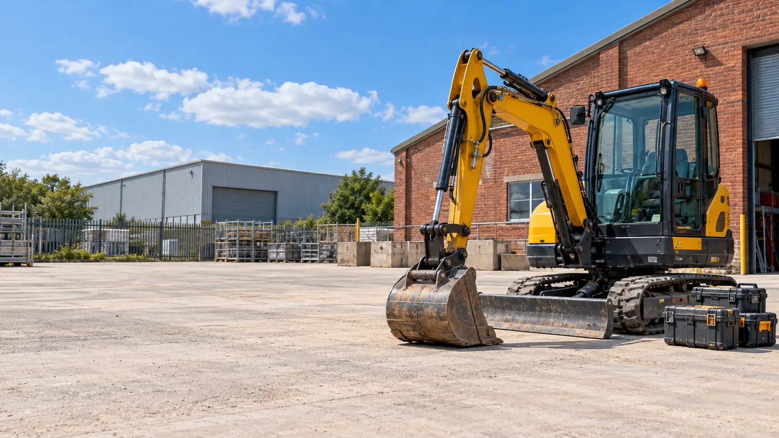 Compact excavator and tool cases in a sunlit industrial yard beside brick and corrugated workshops