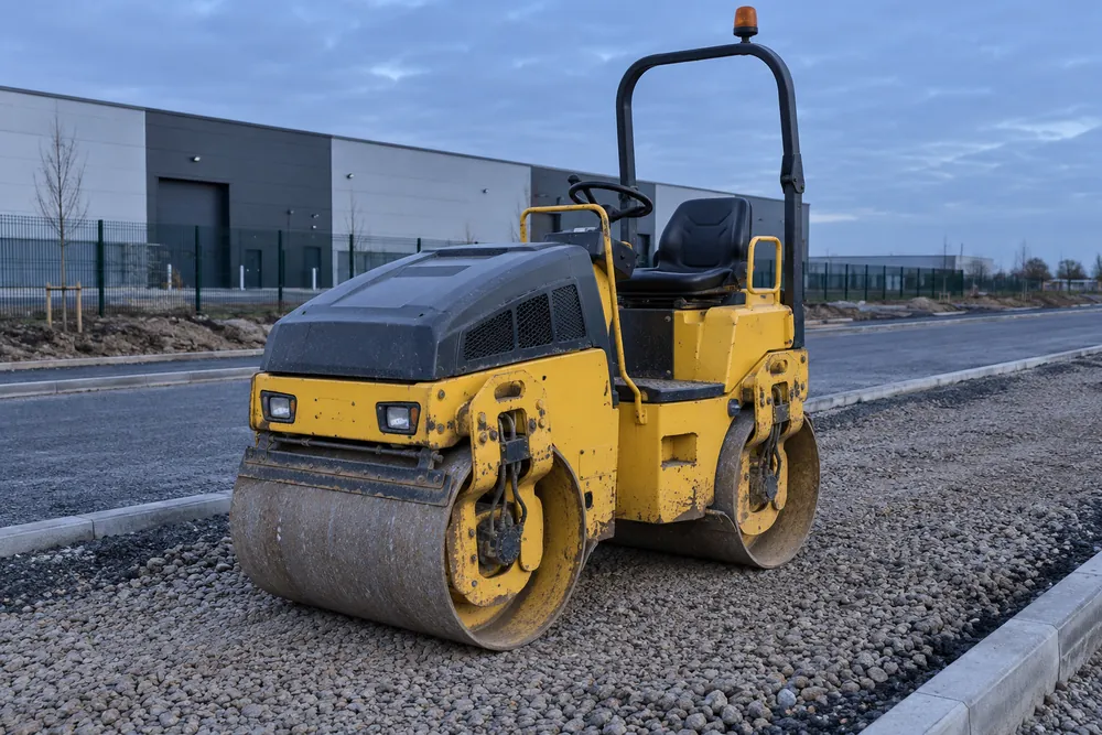 Twin drum compaction roller beside an industrial access road