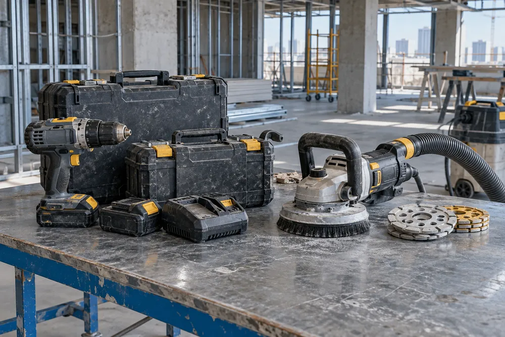 Professional drill and dust extraction equipment on a commercial workbench